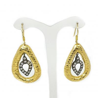 Two Tone, Leaf  Design White & Golden 925 Sterling Silver Earrin