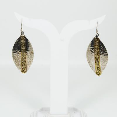 Hammered Leaf Shaped Filigree Work Earrings with Two-Tone Gold &